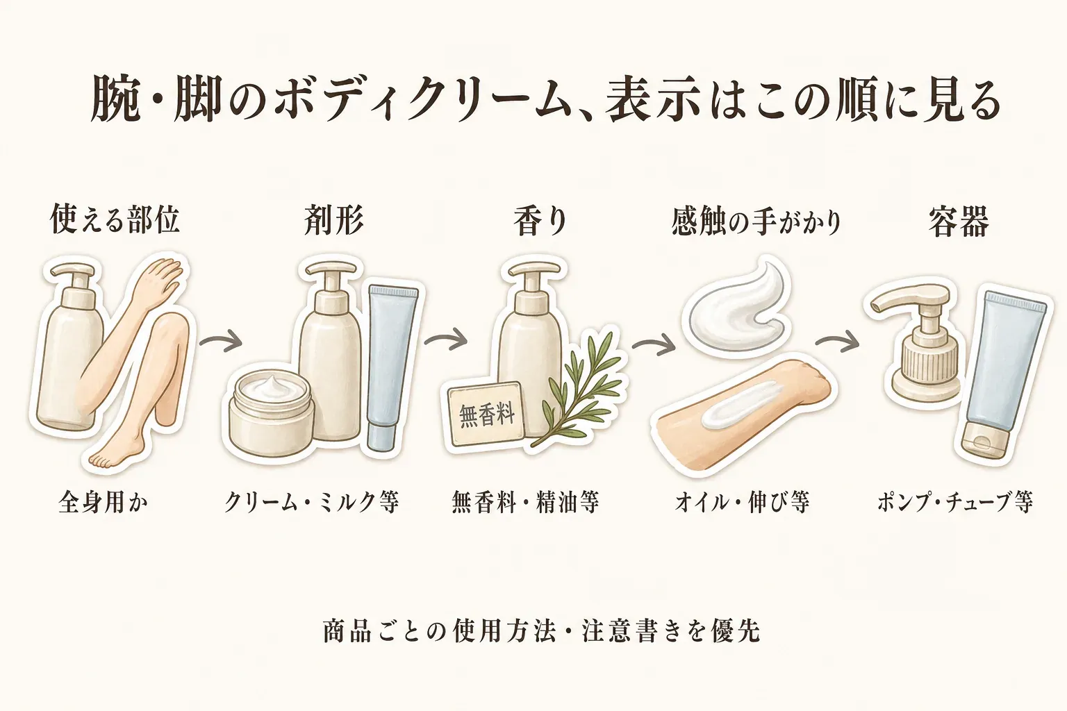 腕・脚に使うボディクリームの表示を確認する順番を示す図。全身用かを確認した後、クリーム・ミルクなどの剤形、無香料・精油などの香り、オイル感や伸びなどの感触の手がかり、ポンプ・チューブなどの容器を順に見る。商品ごとの使用方法と注意書きを優先する。出典：楽天の商品説明・表示を比較。
