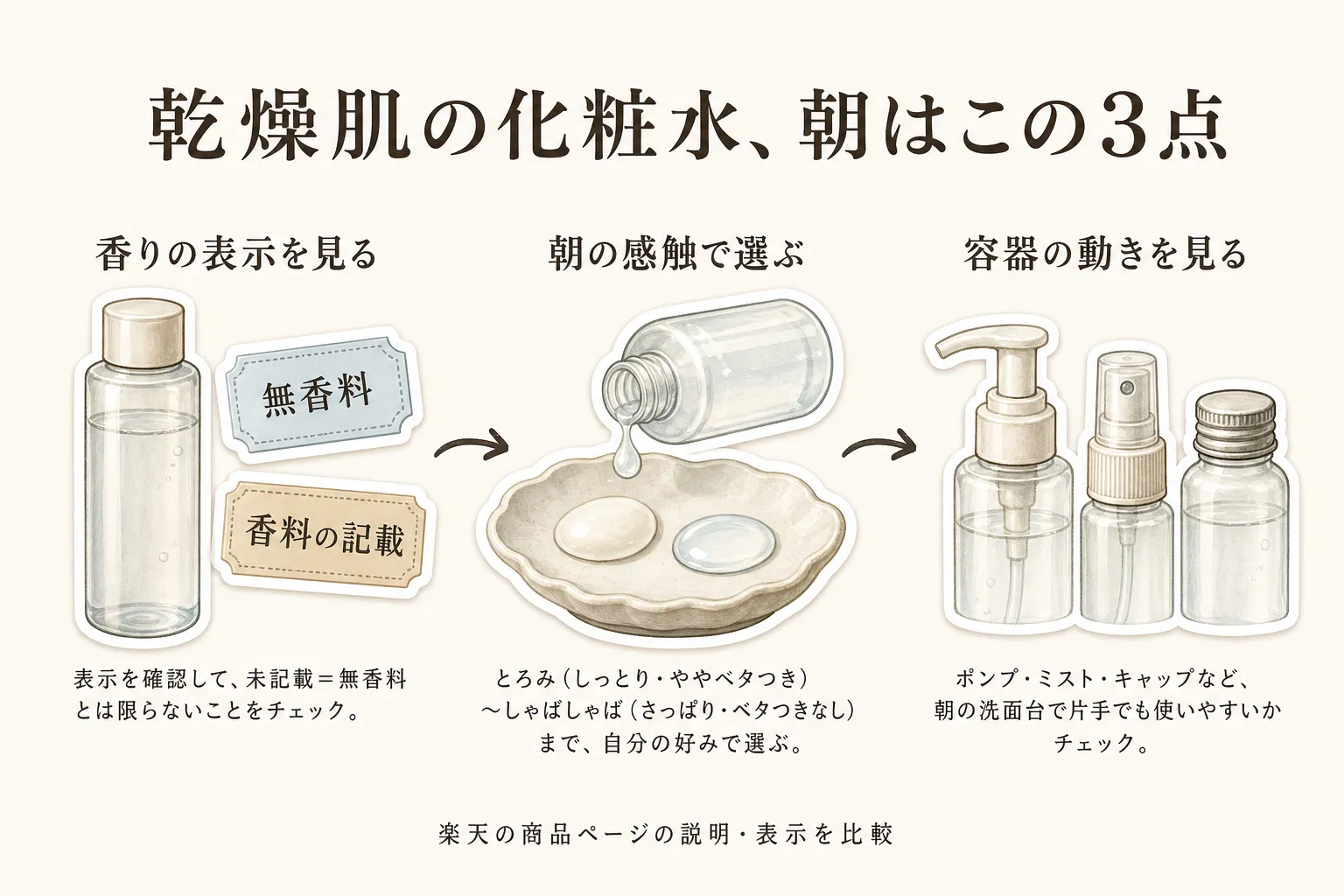 乾燥肌の化粧水を朝に選ぶ3点を示す図。香りは無香料・香料の記載を確認し、感触はとろみからしゃばしゃばまで好みで選び、容器はポンプ・ミスト・キャップなど片手で使いやすい形を確認する。出典：楽天の商品ページの説明・表示を比較。