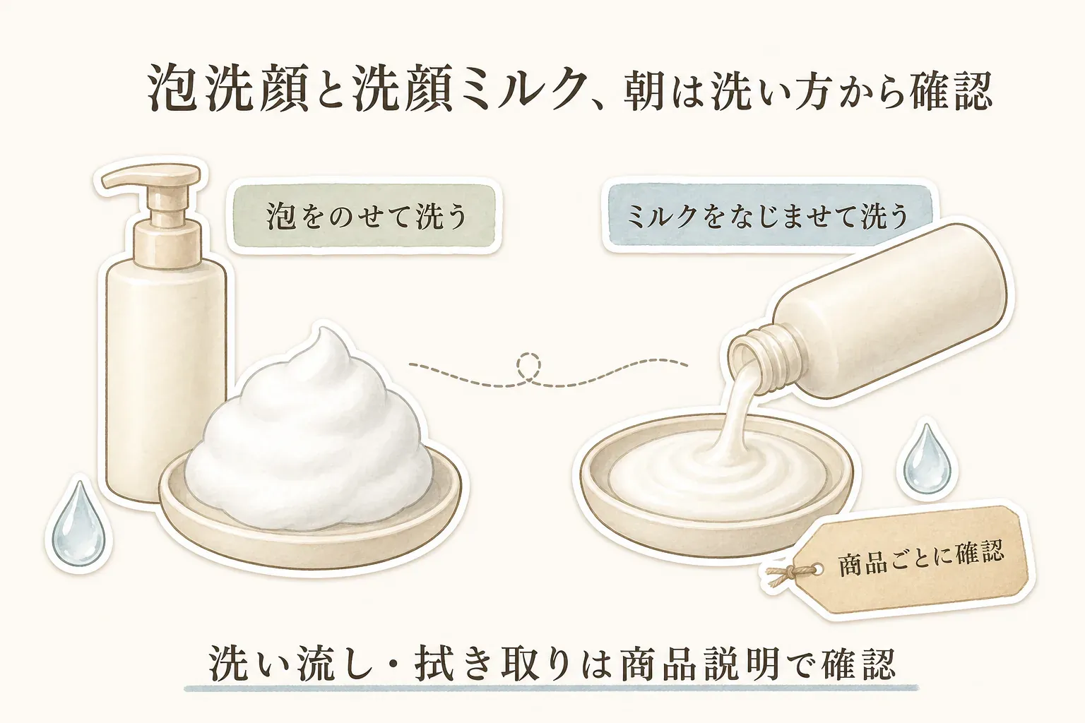 泡洗顔と洗顔ミルクの朝の洗い方を比べる図。泡洗顔はポンプから出した泡を顔にのせて洗い、洗顔ミルクはミルクをなじませて洗うこと、どちらも洗い流し・拭き取りは商品説明で確認することを示している。