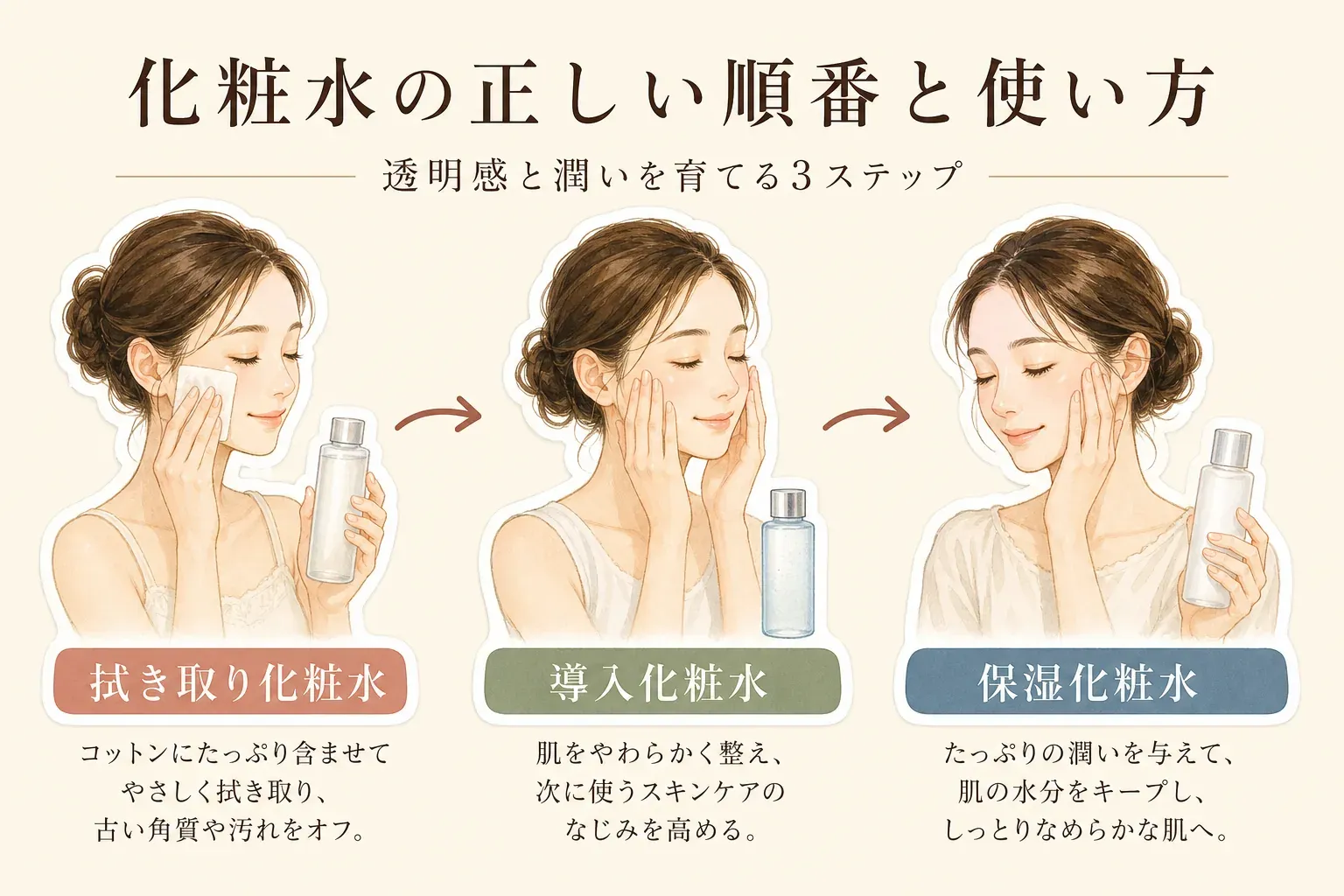 洗顔後の3ステップを示す図。コットンで拭き取り化粧水を使い、導入化粧水で次のスキンケアのなじみを高め、保湿化粧水でうるおいを与える流れ。