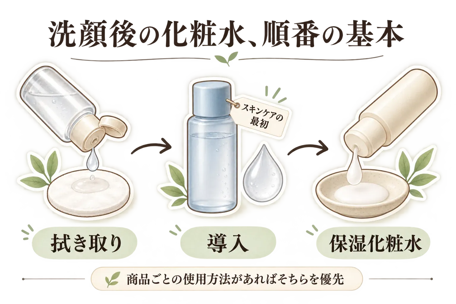 洗顔後の基本的な順番を示す図。拭き取り、導入、保湿化粧水の順に置き、商品ごとの使用方法があればそちらを優先する。