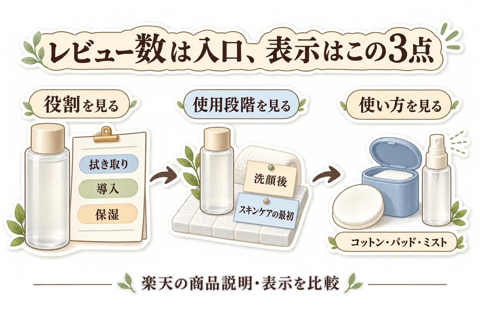 レビュー数は商品を探す入口で、商品表示では役割、使用段階、使い方の3点を確認する図。役割は拭き取り・導入・保湿、使用段階は洗顔後・スキンケアの最初、使い方はコットン・パッド・ミストの例。出典：楽天の商品説明・表示を比較。