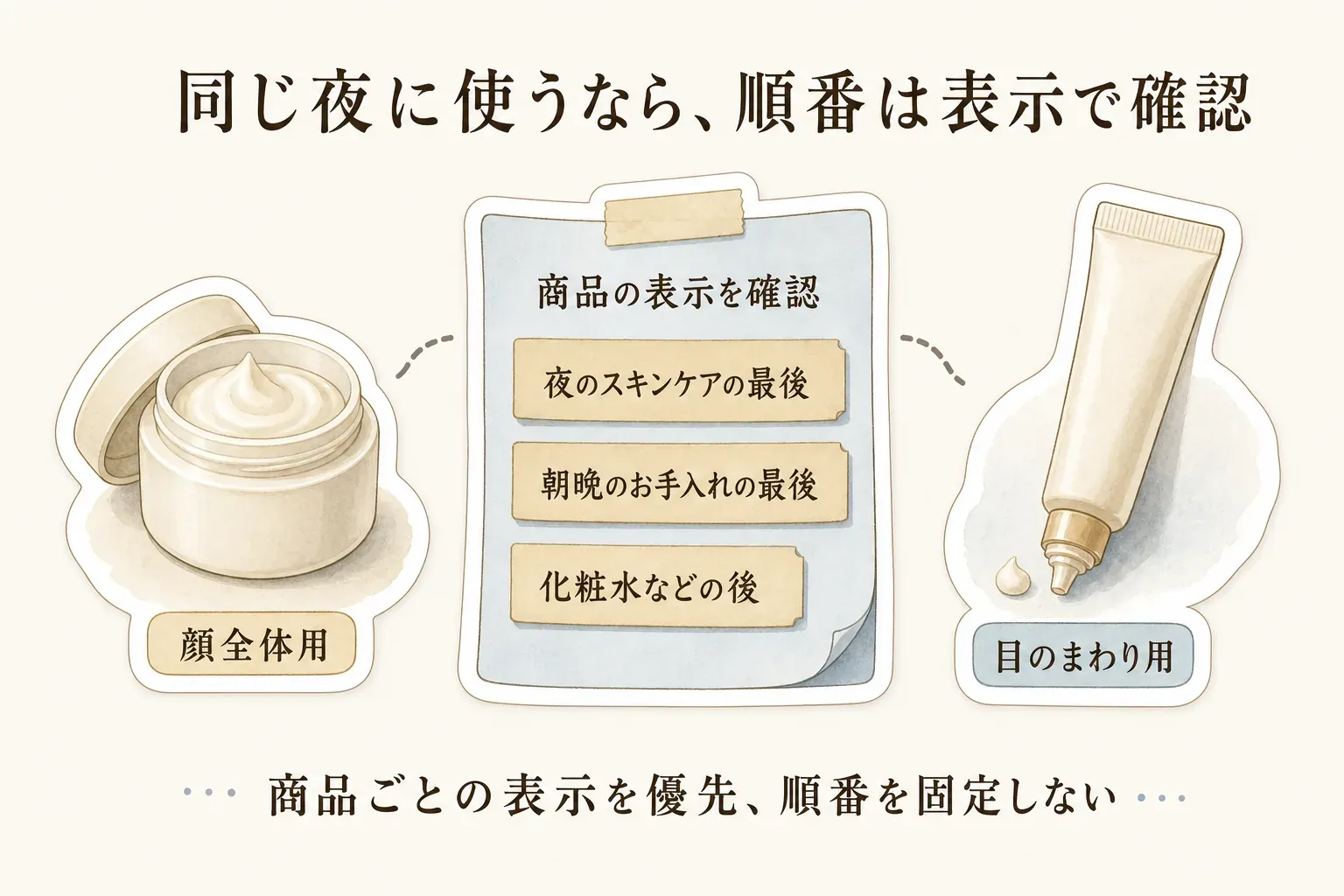 同じ夜にナイトクリームとアイクリームを使う際は商品の表示で順番を確認することを示す図。顔全体用クリーム、目のまわり用クリーム、「夜のスキンケアの最後」「朝晩のお手入れの最後」「化粧水などの後」という商品ごとに異なる表示を並べ、順番を固定しないよう案内している。