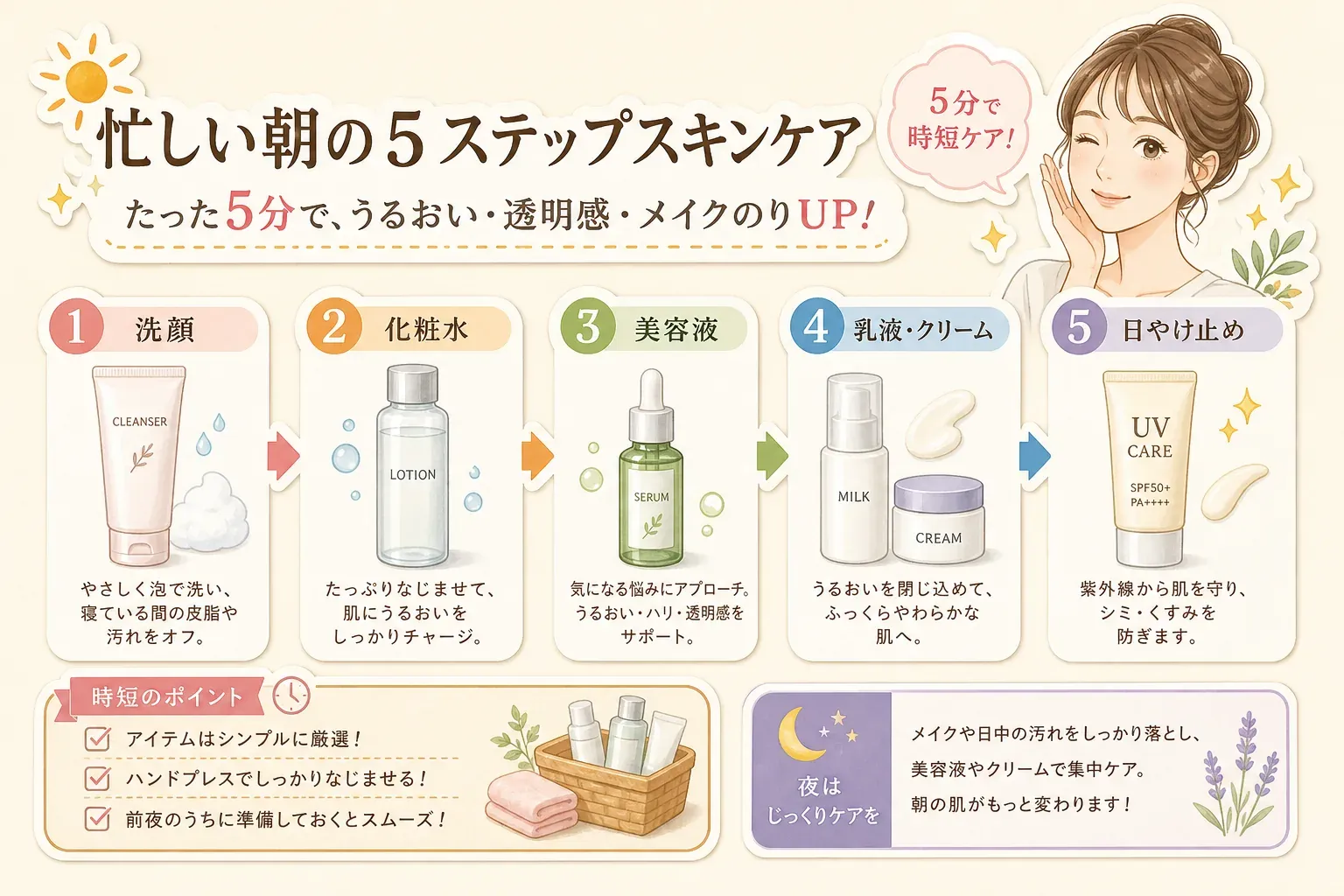 朝のスキンケアを5ステップで示すイラスト。洗顔、化粧水、美容液、乳液・クリーム、日やけ止めの順に並べ、朝は短時間のケア、夜はじっくりケアするというメッセージを添えている。