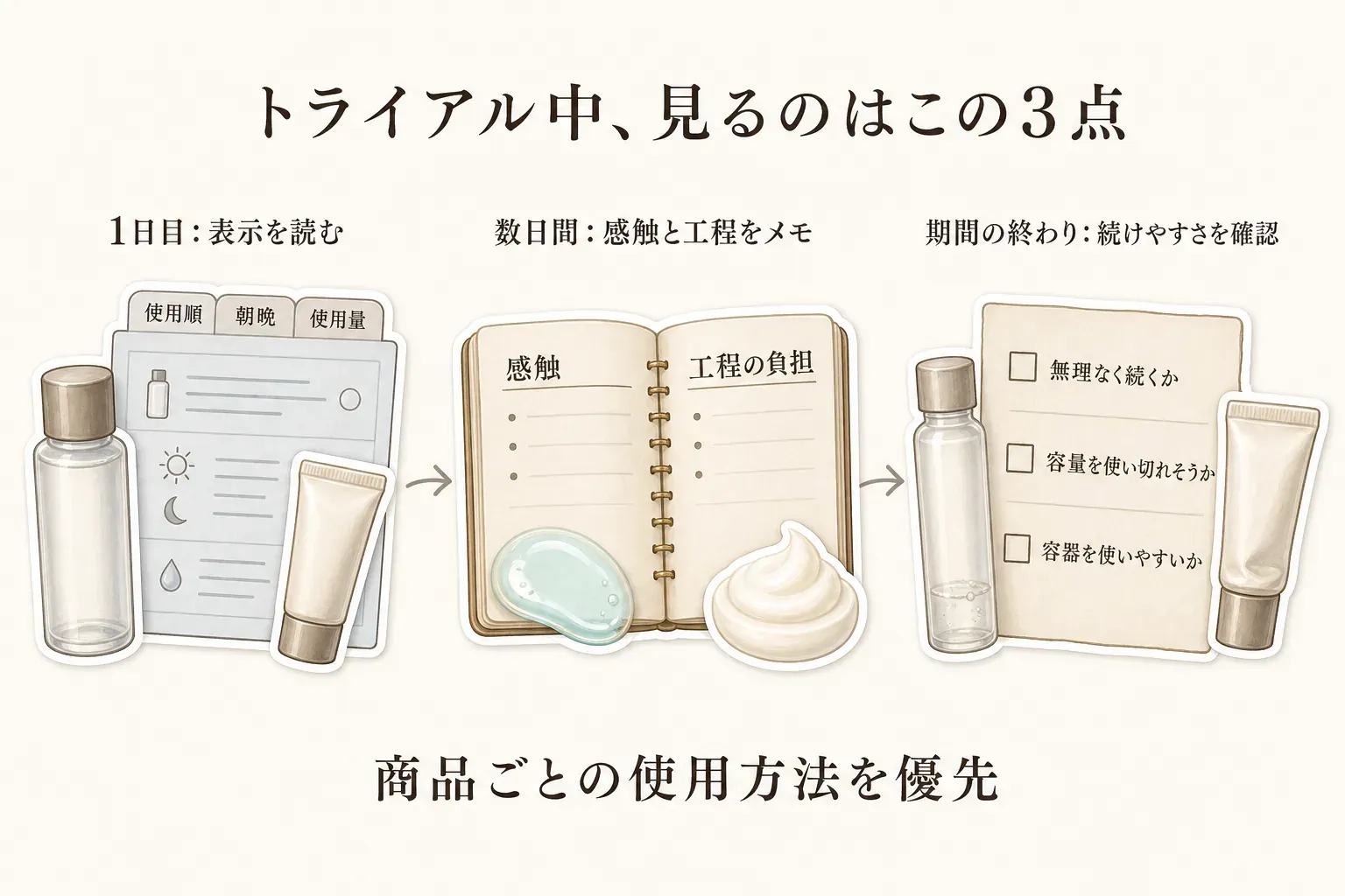 トライアル中に確認する3点を示す図。1日目は使用順・朝晩・使用量の表示を読み、数日間は感触と工程の負担をメモし、期間の終わりには無理なく続けられるか、容量を使い切れそうか、容器を使いやすいかを確認して、商品ごとの使用方法を優先する流れを示している。
