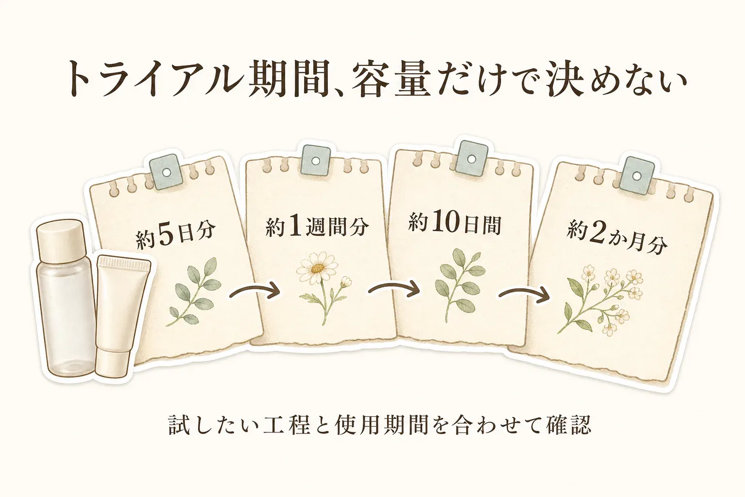 化粧水・保湿クリームのトライアル期間を並べた図。約5日分、約1週間分、約10日間、約2か月分の順に示し、容量だけで決めず、試したい工程と使用期間を合わせて確認するよう案内している。