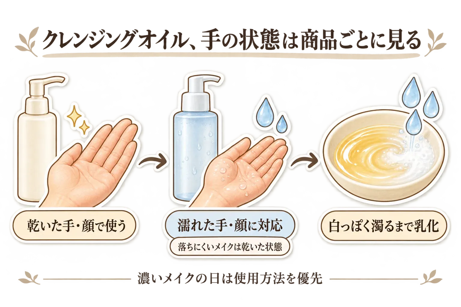 クレンジングオイルの手と顔の状態を商品ごとに確認する図。乾いた手・顔で使う場合、濡れた手・顔に対応する場合と落ちにくいメイクは乾いた状態で使う場合、少量のぬるま湯を加えて白っぽく濁るまで乳化する流れを示している。