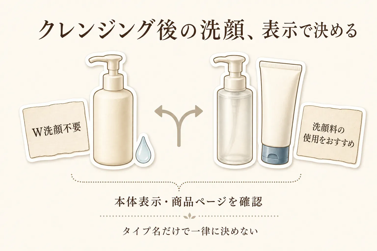 クレンジング後の洗顔を商品表示で決める図。W洗顔不要と表示されたクレンジングオイルはすすぎ後に洗顔を重ねない場合があり、洗顔料の使用をおすすめする商品はクレンジング後に洗顔料を使う流れを示し、本体表示と商品ページの確認を促している。